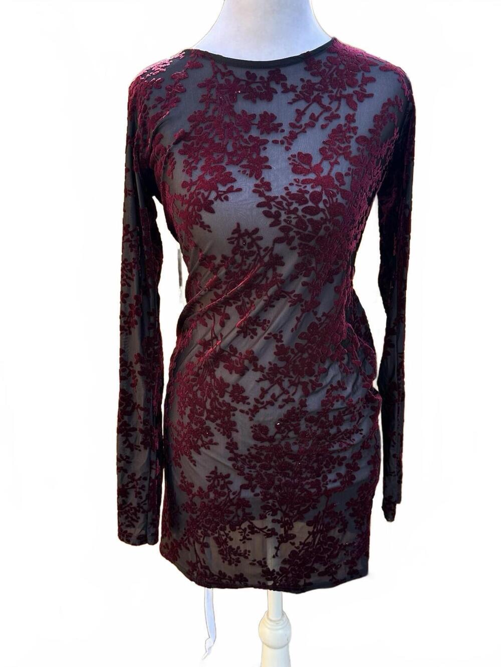 Velvet burn out Mini dress Sheer  whimsigoth Floral Burgundy Moody romantic Sz 6